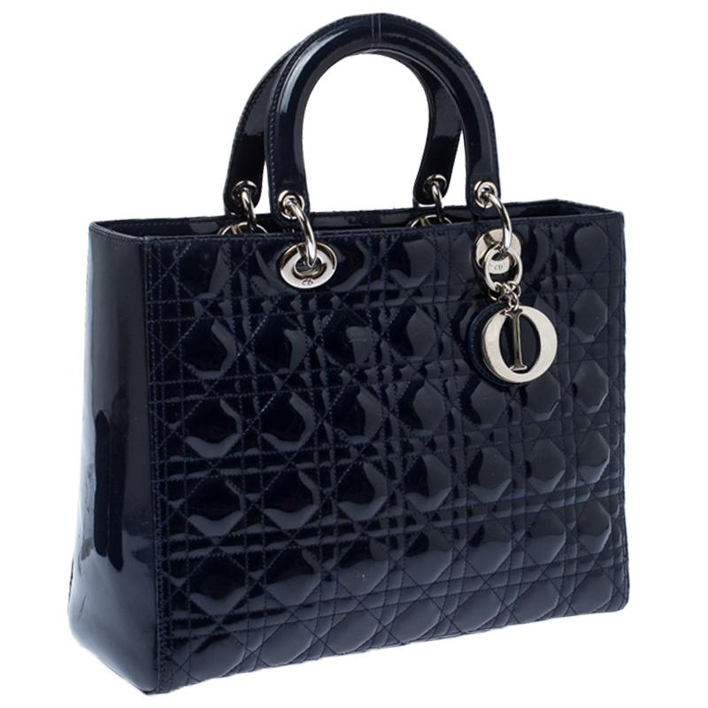Dior Navy Blue Cannage Patent Leather Large Lady Dior Tote In Good Condition In Dubai, Al Qouz 2