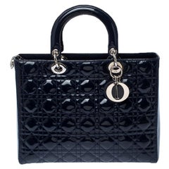 Dior Navy Blue Cannage Patent Leather Large Lady Dior Tote