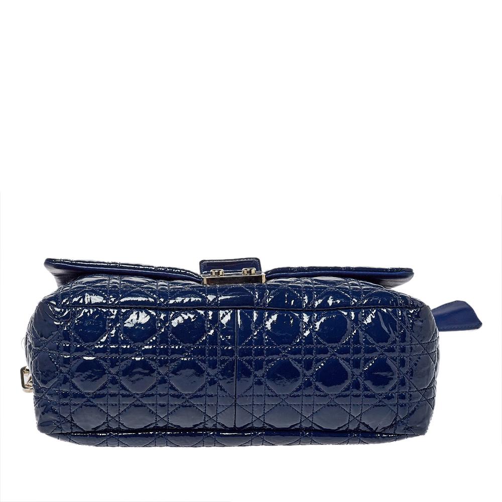 Women's Dior Navy Blue Cannage Patent Leather Large New Lock Flap Shoulder Bag