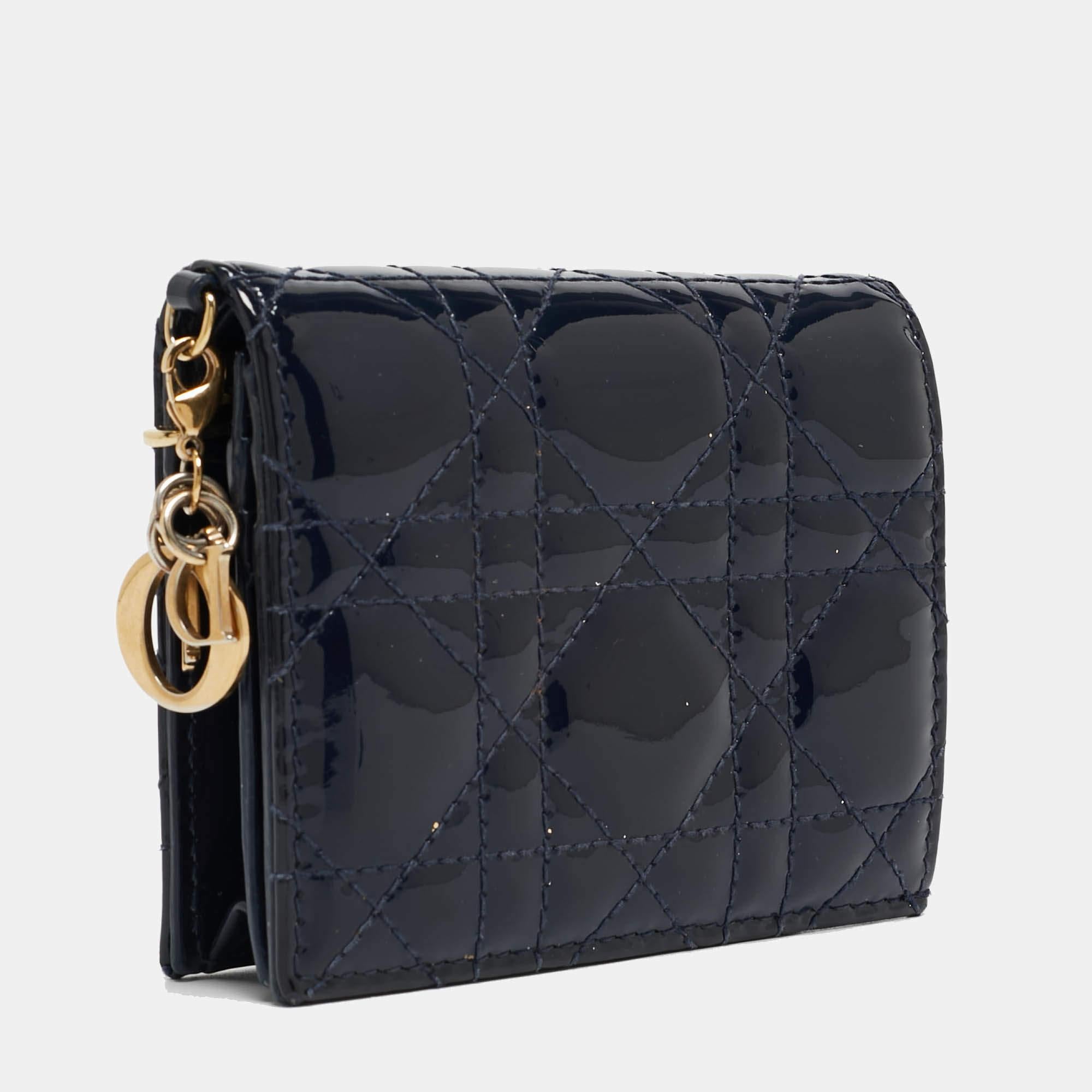 Dior Navy Blue Cannage Patent Leather Mini Lady Dior Wallet In Good Condition For Sale In Dubai, Al Qouz 2