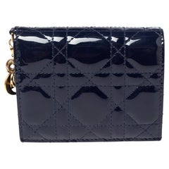 Used Dior Navy Blue Cannage Patent Leather Mini Lady Dior Wallet