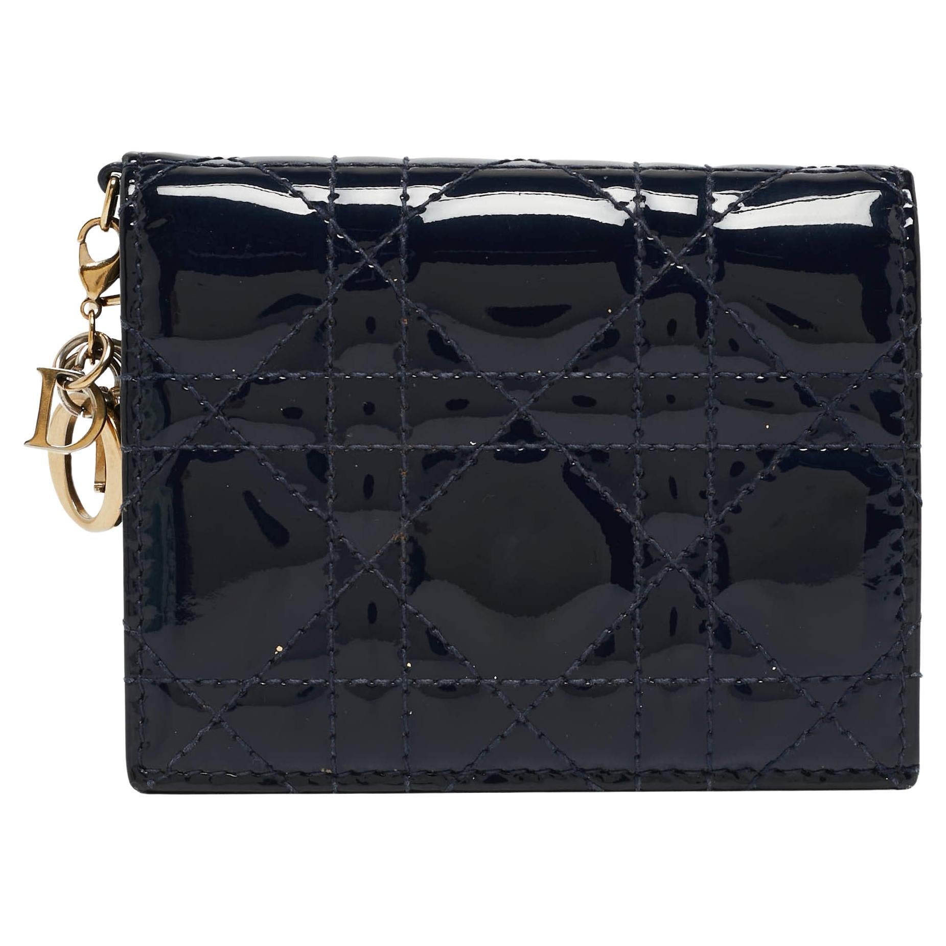 Dior Navy Blue Cannage Patent Leather Mini Lady Dior Wallet For Sale