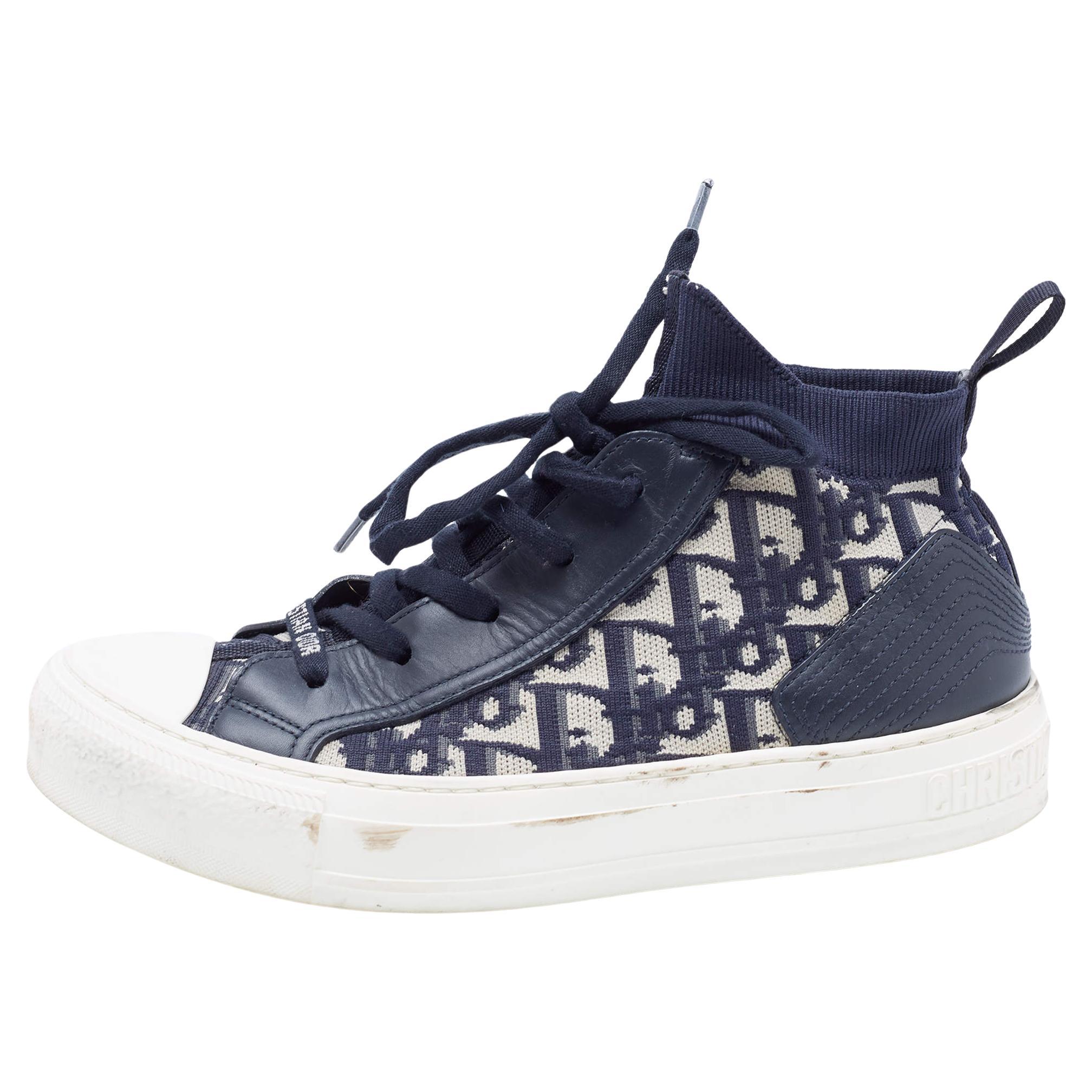 Dior Navy Blue Canvas and Leather Walk'n'Dior Sneakers Size 37 For Sale