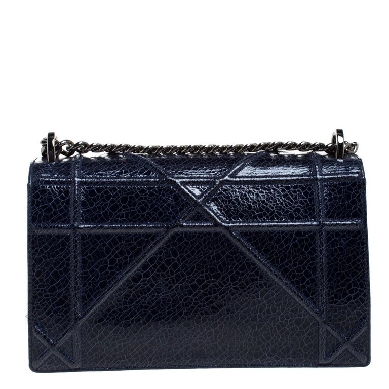 Dior Navy Blue Crackled Patent Leather Medium Diorama Shoulder Bag For