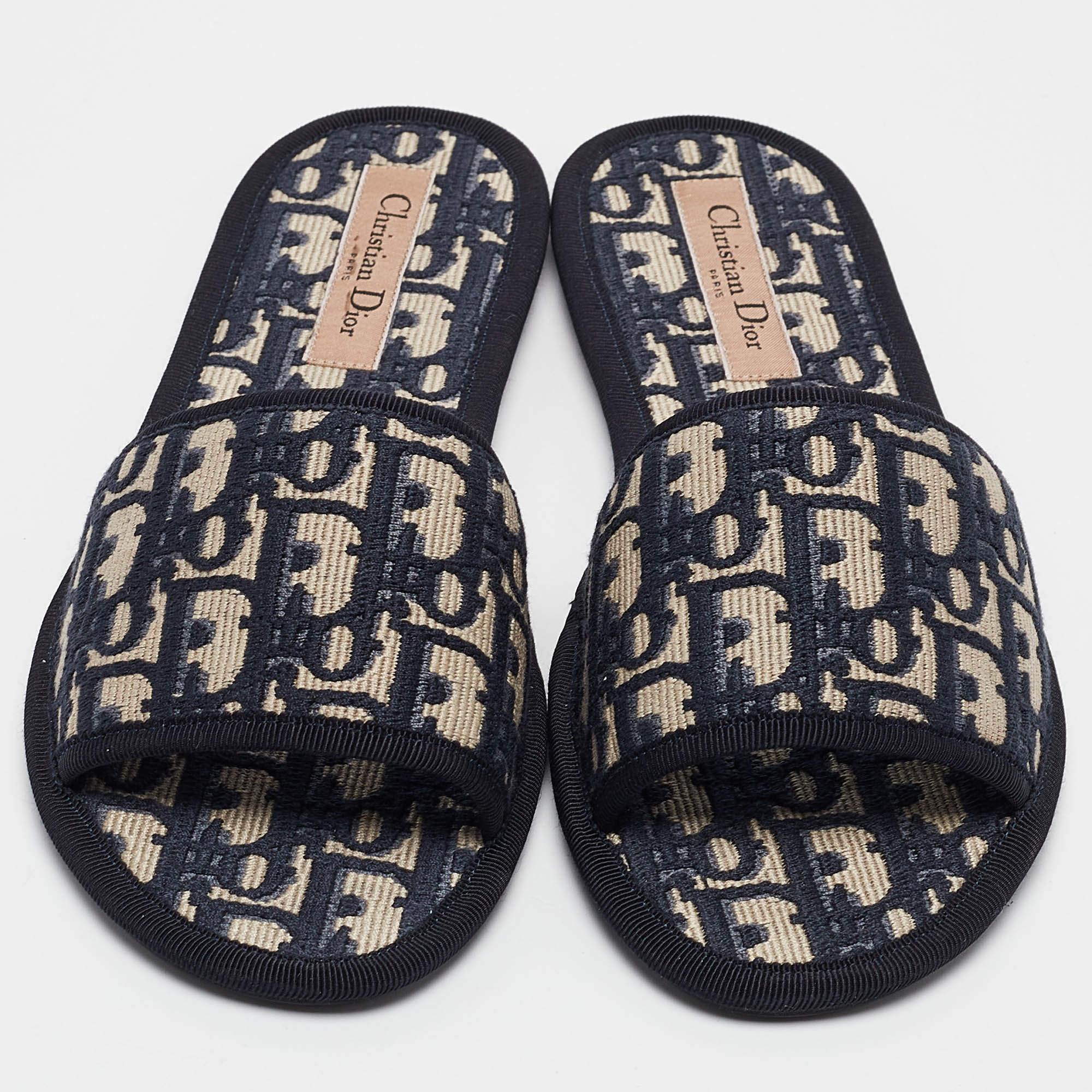 Black Dior Navy Blue/Cream Jacquard Flat Slides Size 37.5