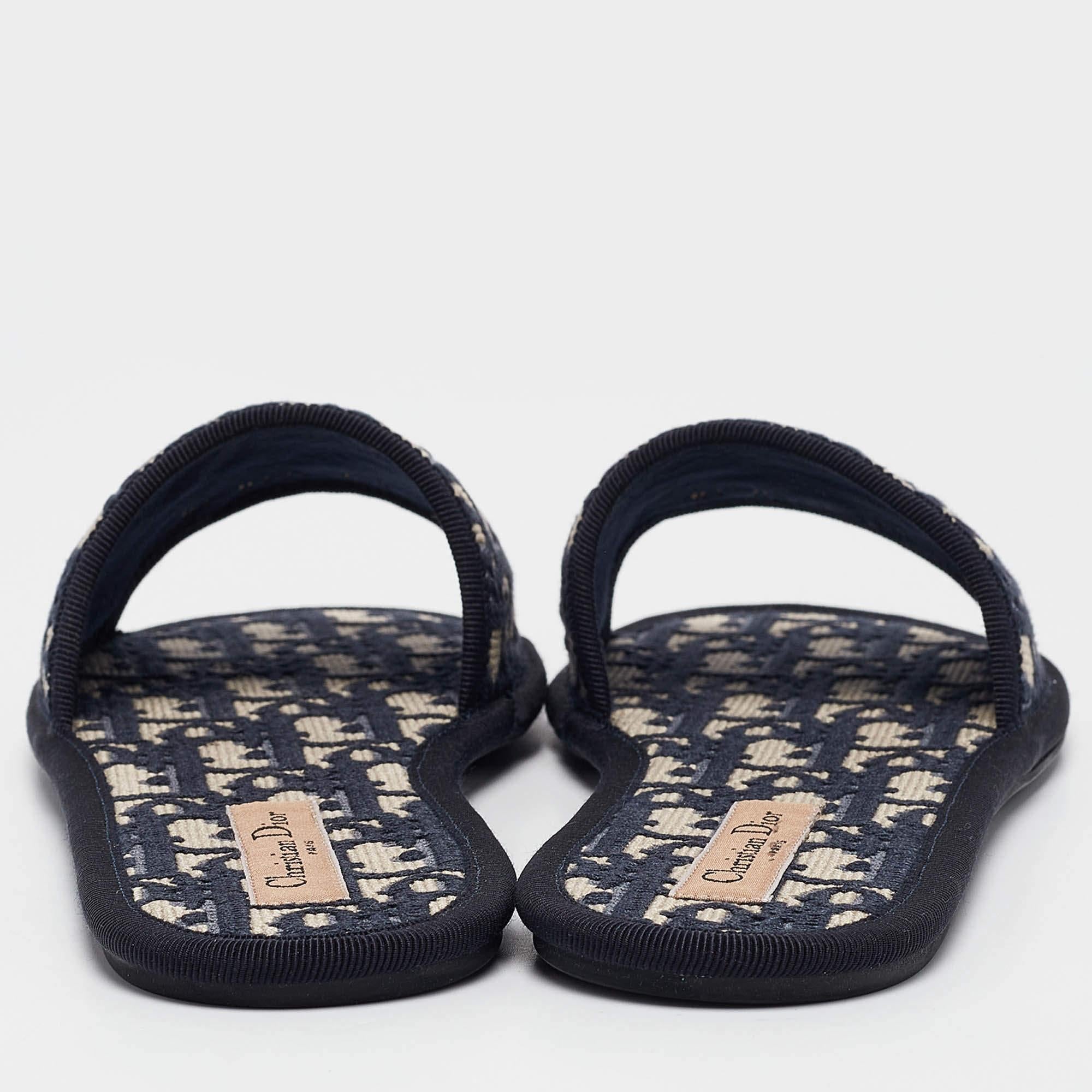 Women's Dior Navy Blue/Cream Jacquard Flat Slides Size 37.5