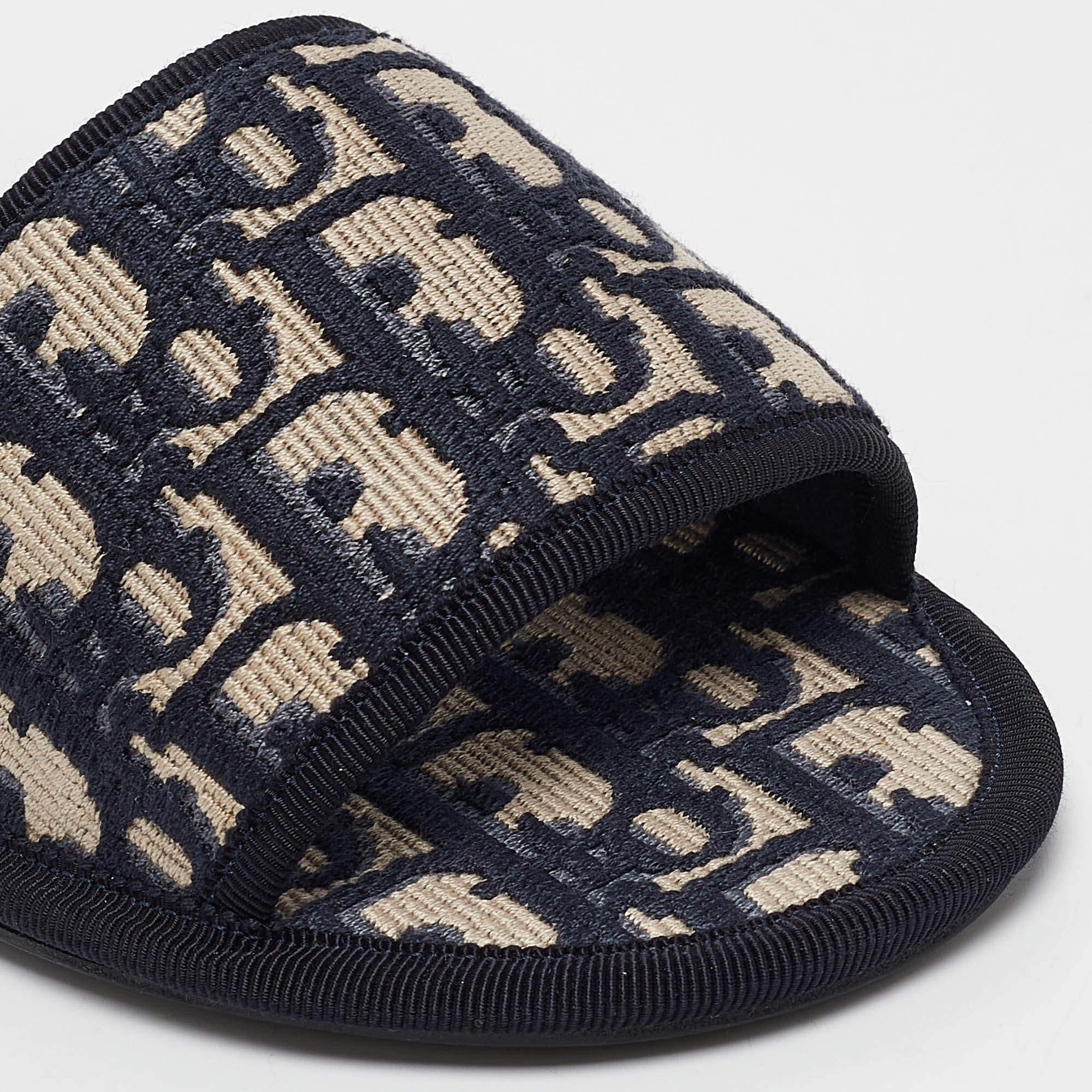 Dior Navy Blue/Cream Jacquard Flat Slides Size 37.5 2