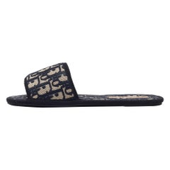 Dior Navy Blue/Cream Jacquard Flat Slides Size 37.5