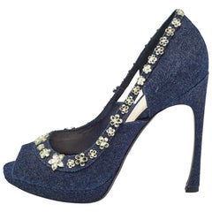 Dior Navy Blue Denim Crystal Embellished Peep Toe Pumps Size 40.5