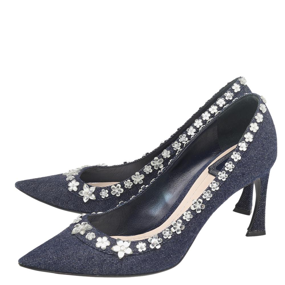 Black Dior Navy Blue Denim Crystal Embellished Pointed Toe Pumps Size 38.5