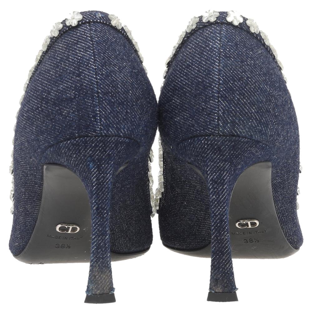Women's Dior Navy Blue Denim Crystal Embellished Pointed Toe Pumps Size 38.5