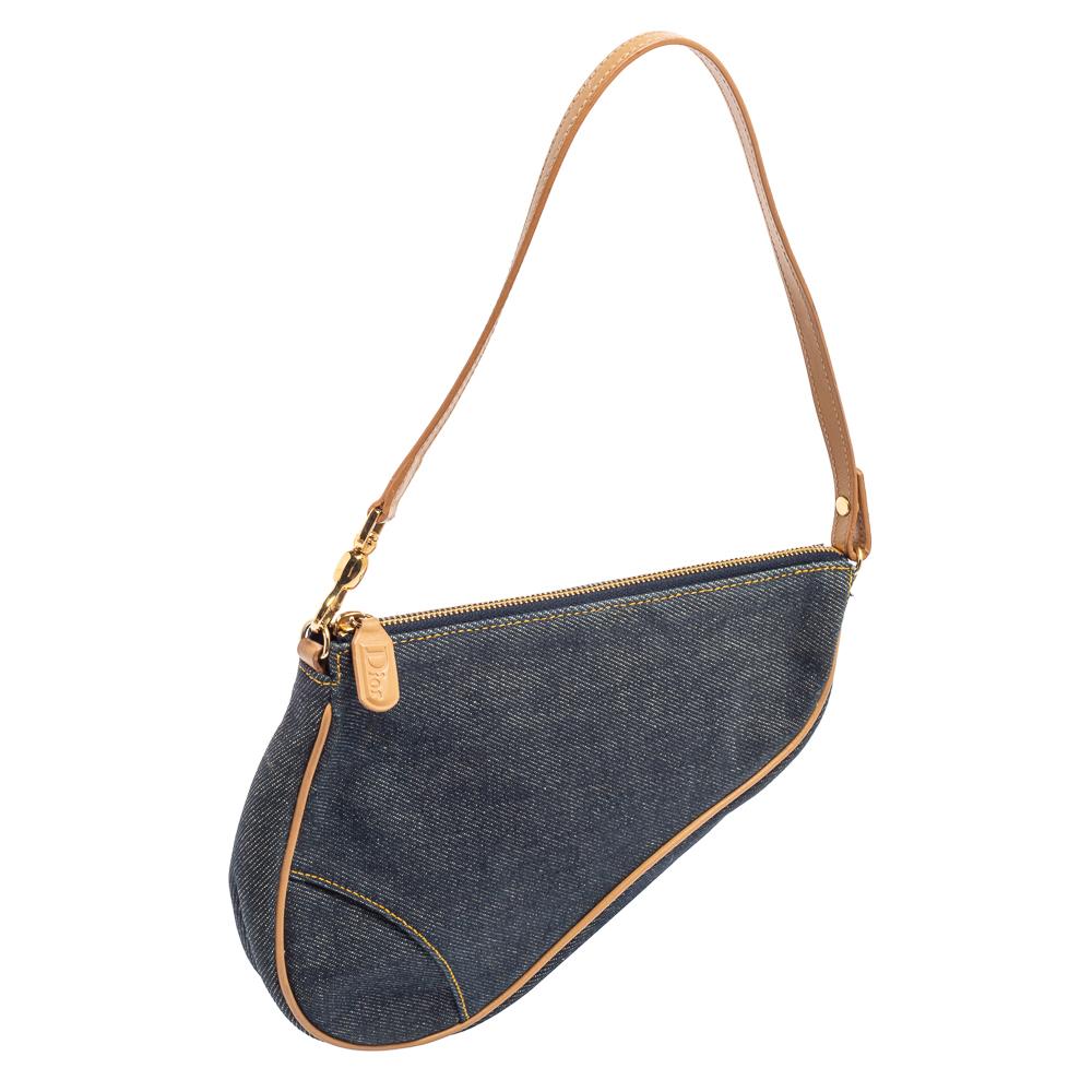 Dior Navy Blue Denim Saddle Pochette Bag In Good Condition In Dubai, Al Qouz 2
