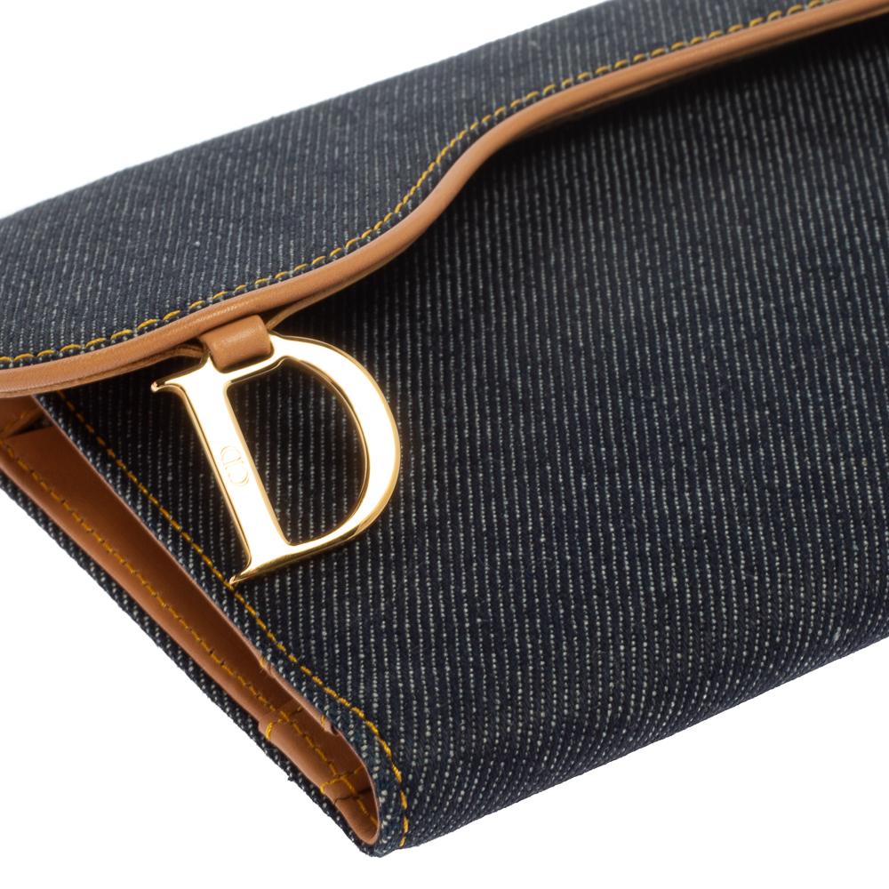 Black Dior Navy Blue Denim Saddle Trifold Continental Wallet