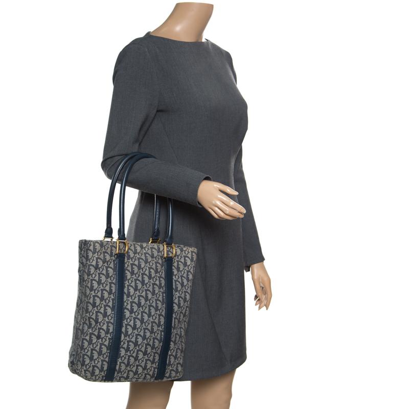 Gray Dior Navy Blue Diorissmo Canvas and Leather Trotter Tote