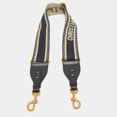 Dior Navy Blue Embroidered Canvas and Leather Shoulder Bag Strap