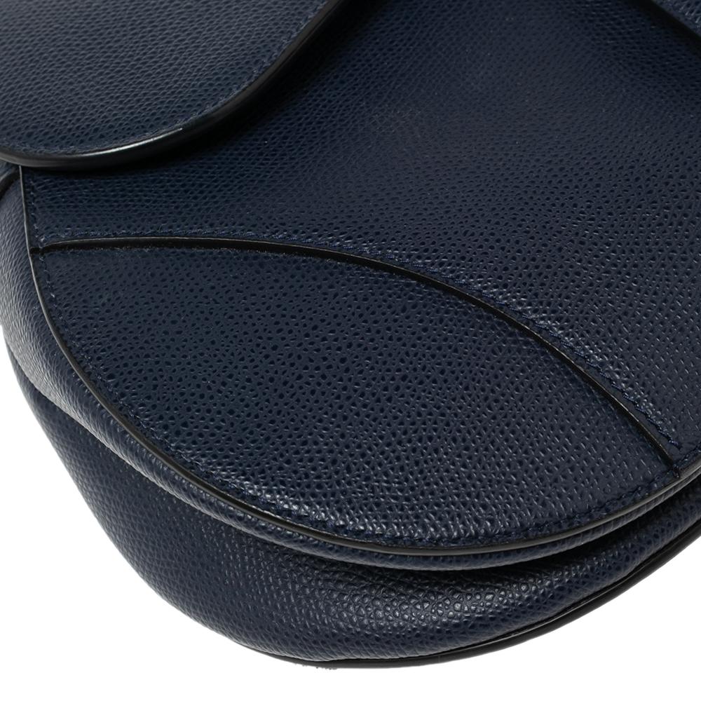 Black Dior Navy Blue Grained Leather Saddle Bag