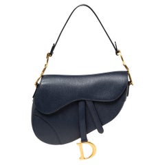 Used Dior Navy Blue Grained Leather Saddle Bag