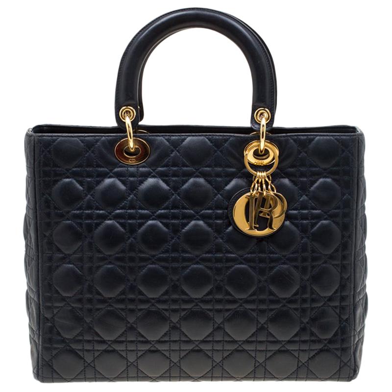 Dior Navy Blue Leather Large Lady Dior Top Handle Bag