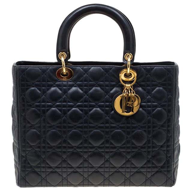 Dior Navy Blue Leather Large Lady Dior Top Handle Bag at 1stDibs