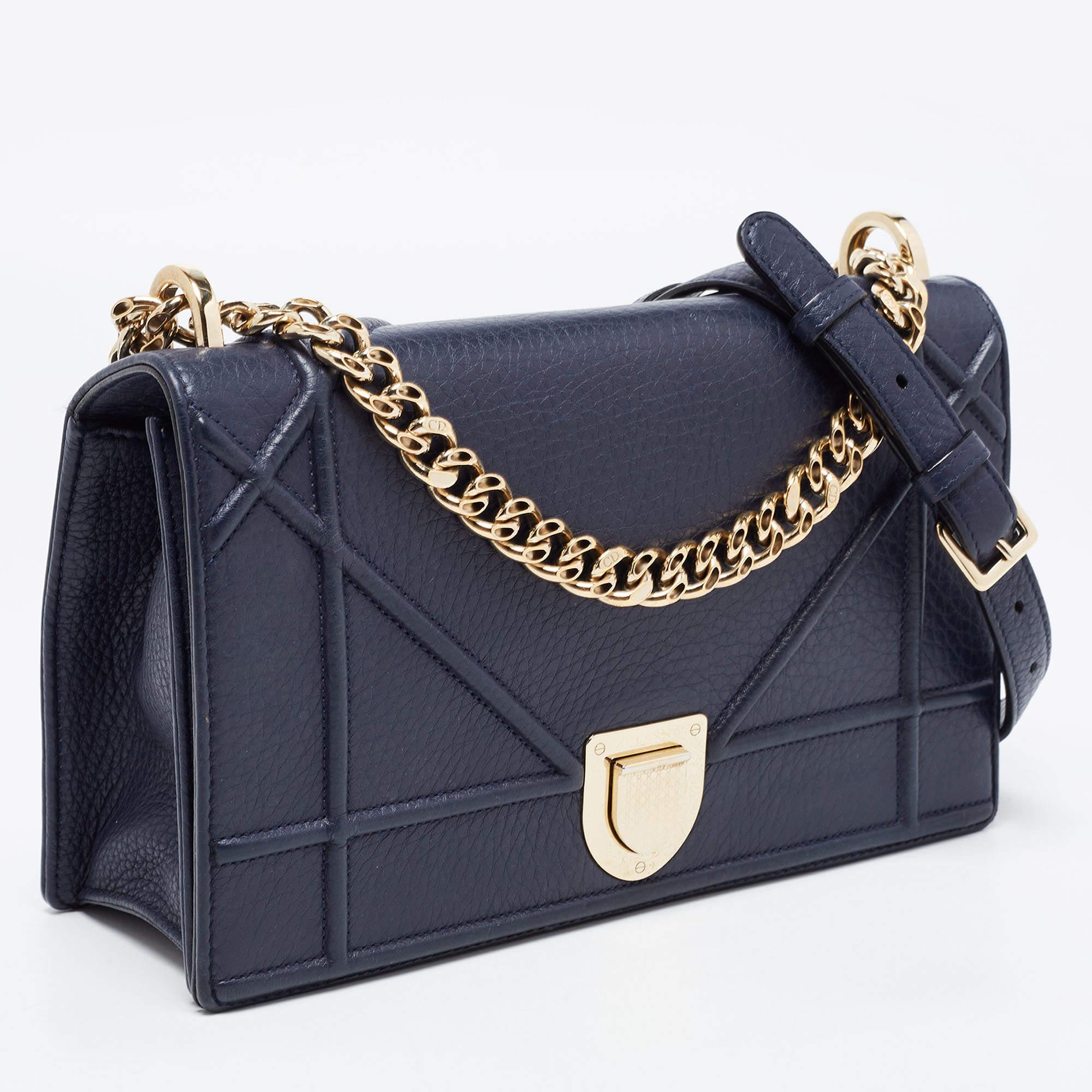 Black Dior Navy Blue Leather Medium Diorama Flap Shoulder Bag