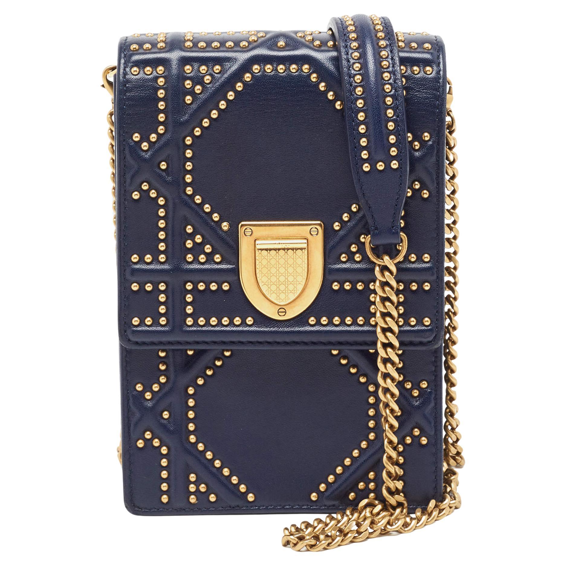 Dior Navy Blue Leather Studded Diorama Vertical Chain Clutch