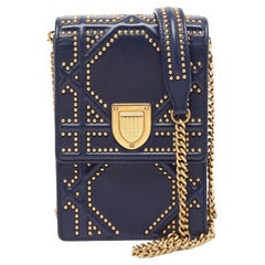 Dior Navy Blue Leather Studded Diorama Vertical Chain Clutch