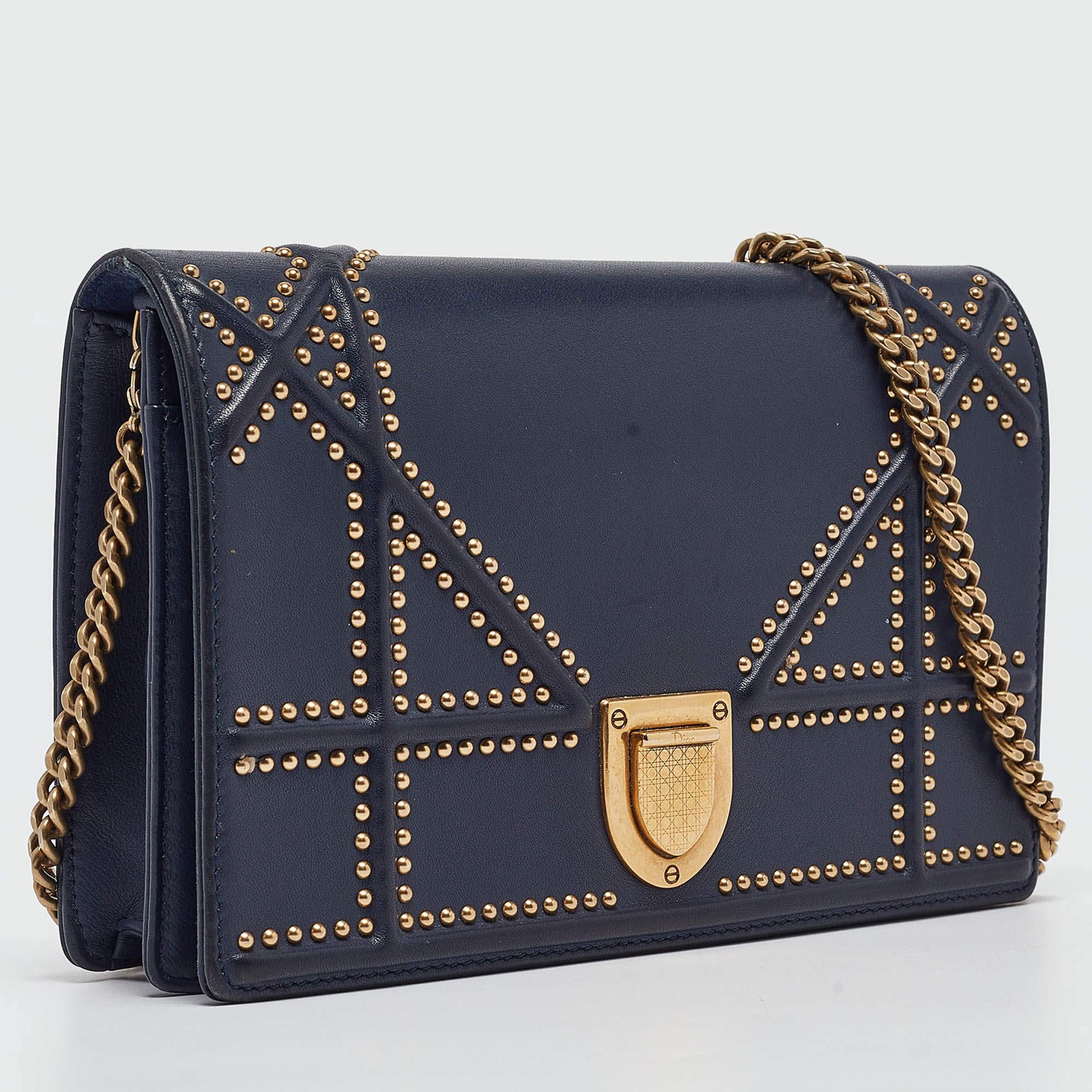 Black Dior Navy Blue Leather Studded Diorama Wallet on Chain