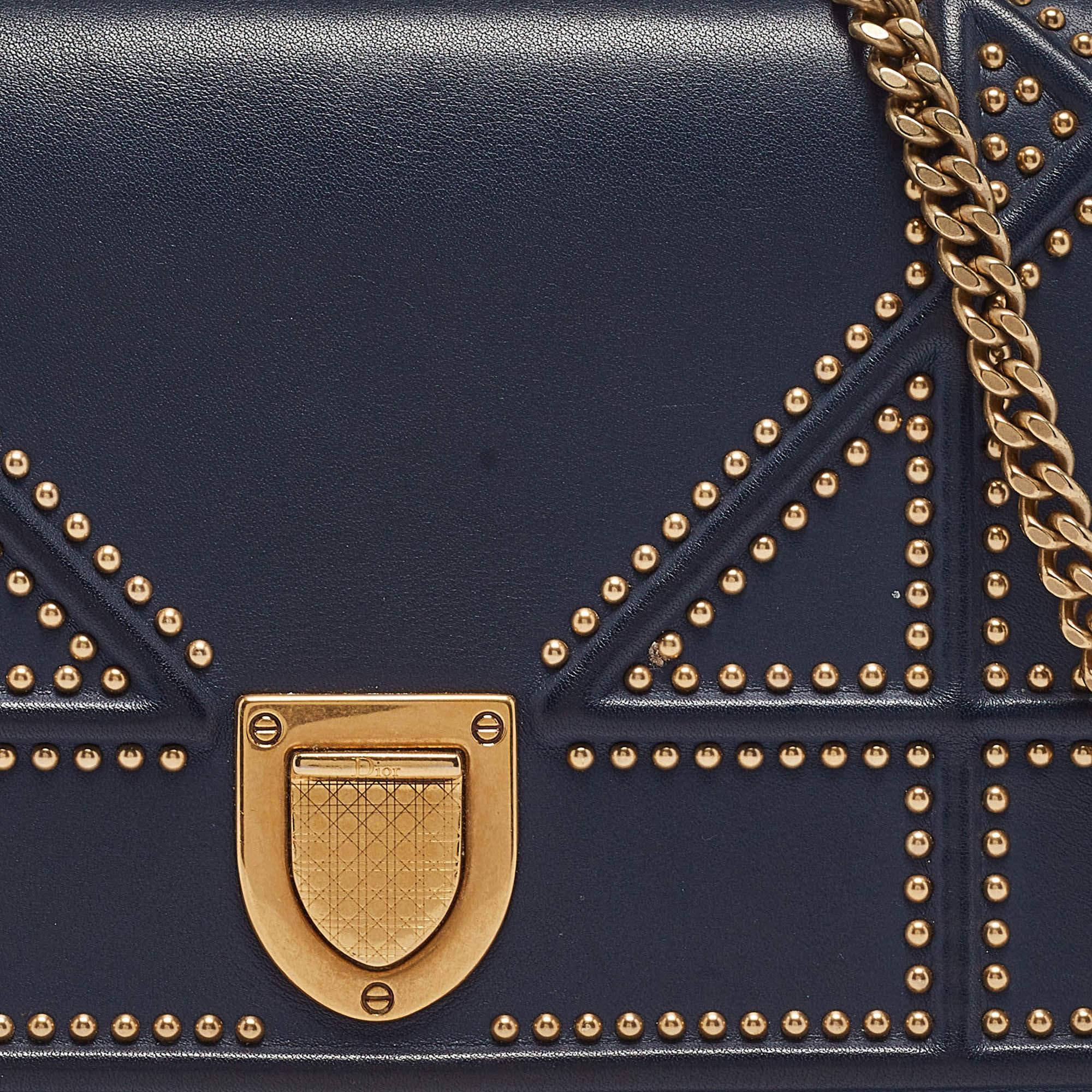 Women's Dior Navy Blue Leather Studded Diorama Wallet on Chain
