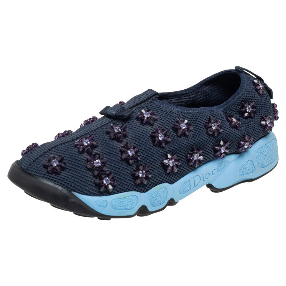 Dior Navy Blue Mesh Embellished Fusion Sneakers Size 38.5 For Sale