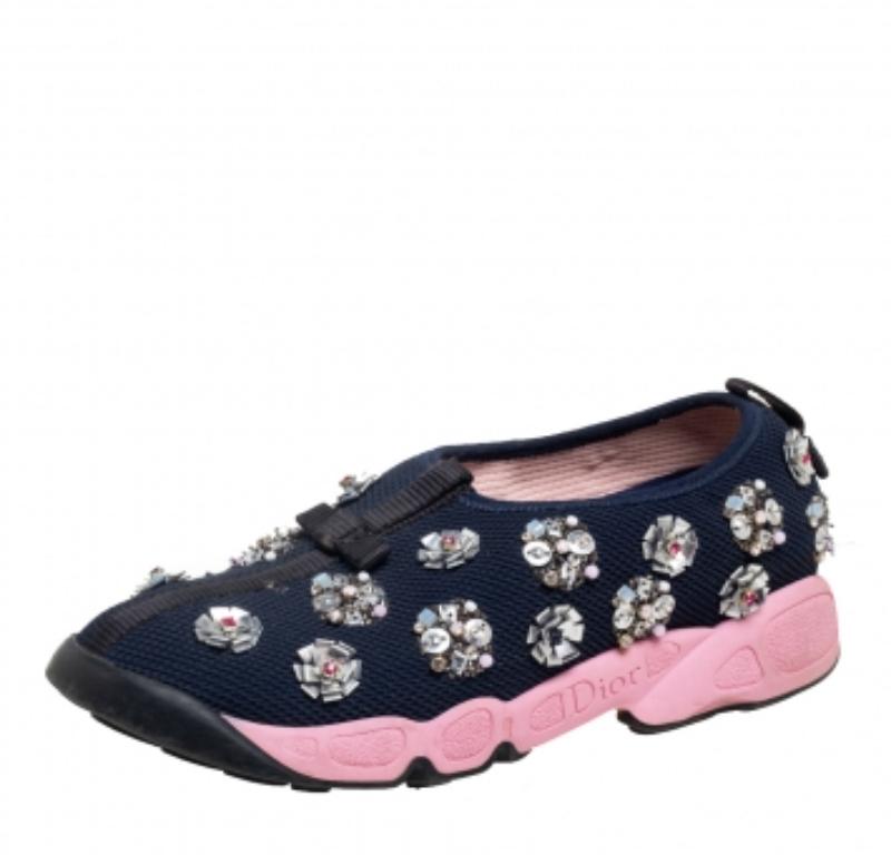 Noir Dior Baskets Fusion embellies en maille bleu marine, taille 36,5 en vente