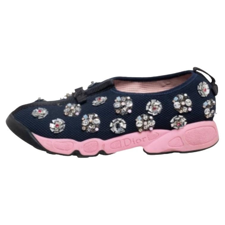Dior Baskets Fusion embellies en maille bleu marine, taille 36,5 en vente