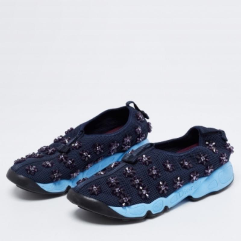 Dior Navy Blue Mesh Fusion Floral Embellished Slip On Sneakers Size 37 For Sale 1