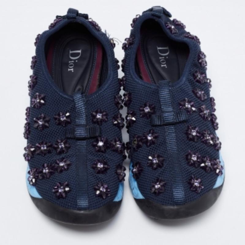 Dior Navy Blue Mesh Fusion Floral Embellished Slip On Sneakers Size 37 For Sale 2
