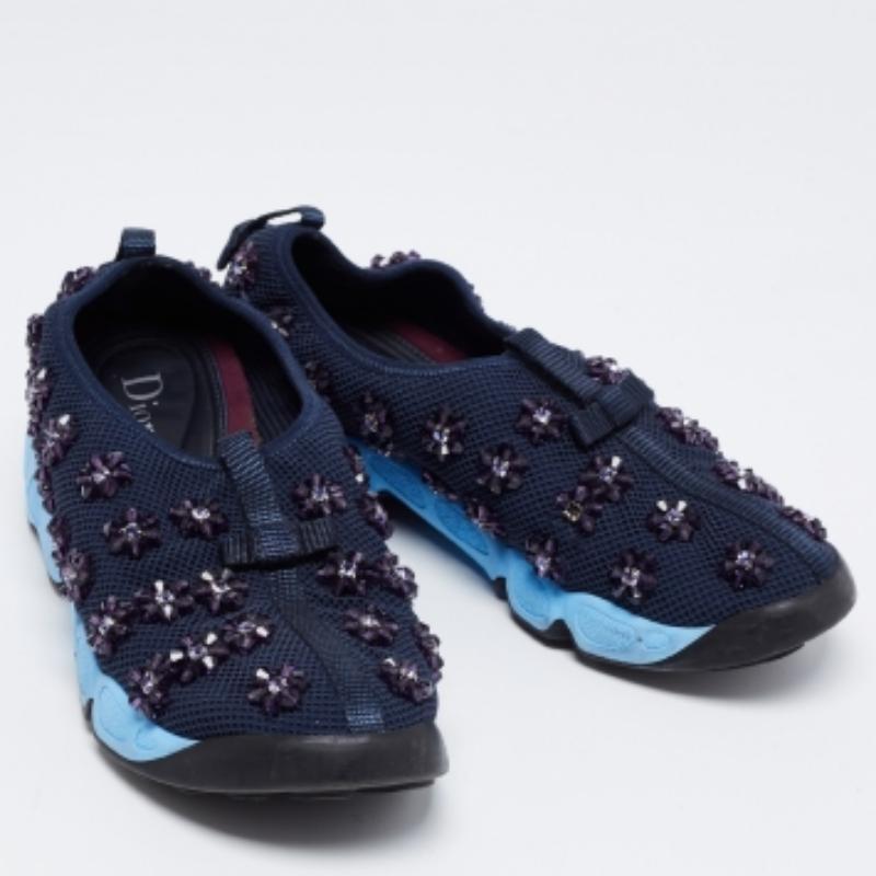 Dior Navy Blue Mesh Fusion Floral Embellished Slip On Sneakers Size 37 For Sale 3