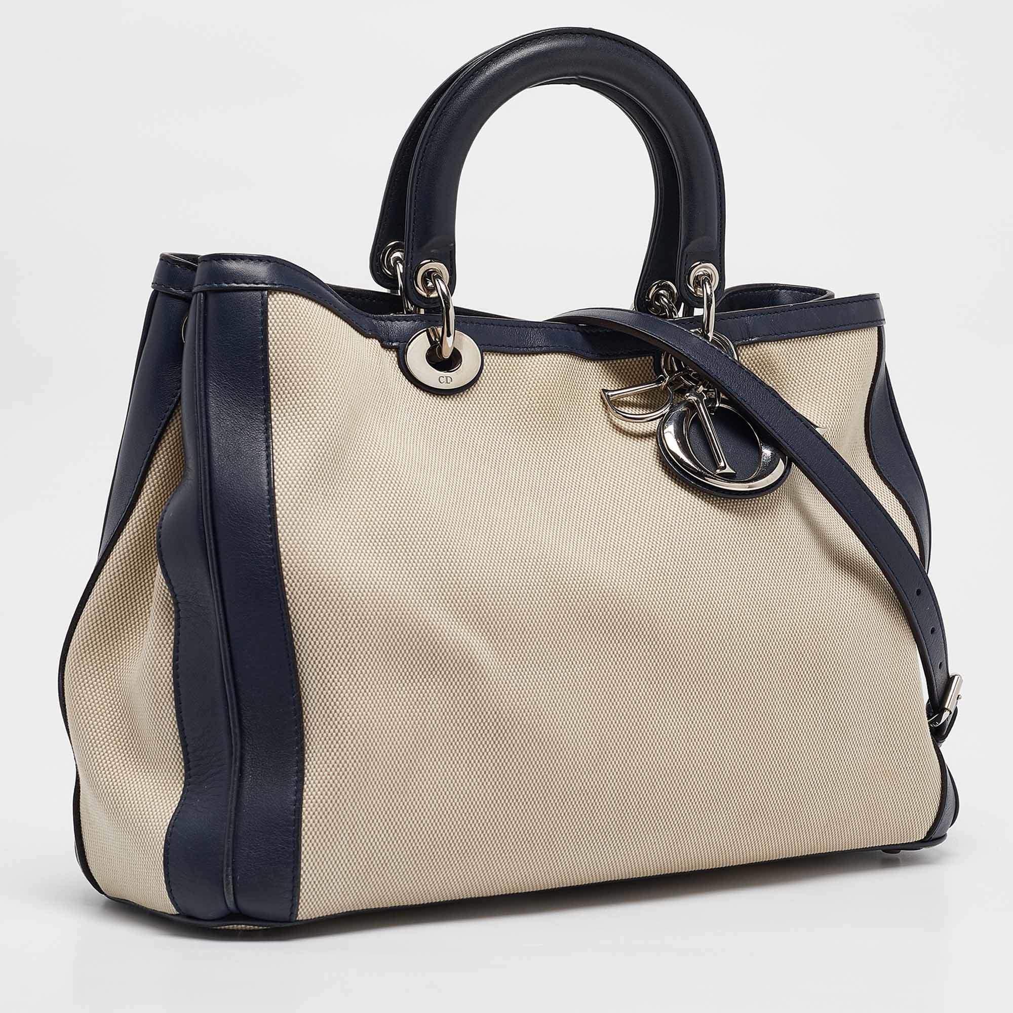Beige Dior Navy Blue/natural Canvas and Leather Large Diorissimo Shopper Tote For Sale