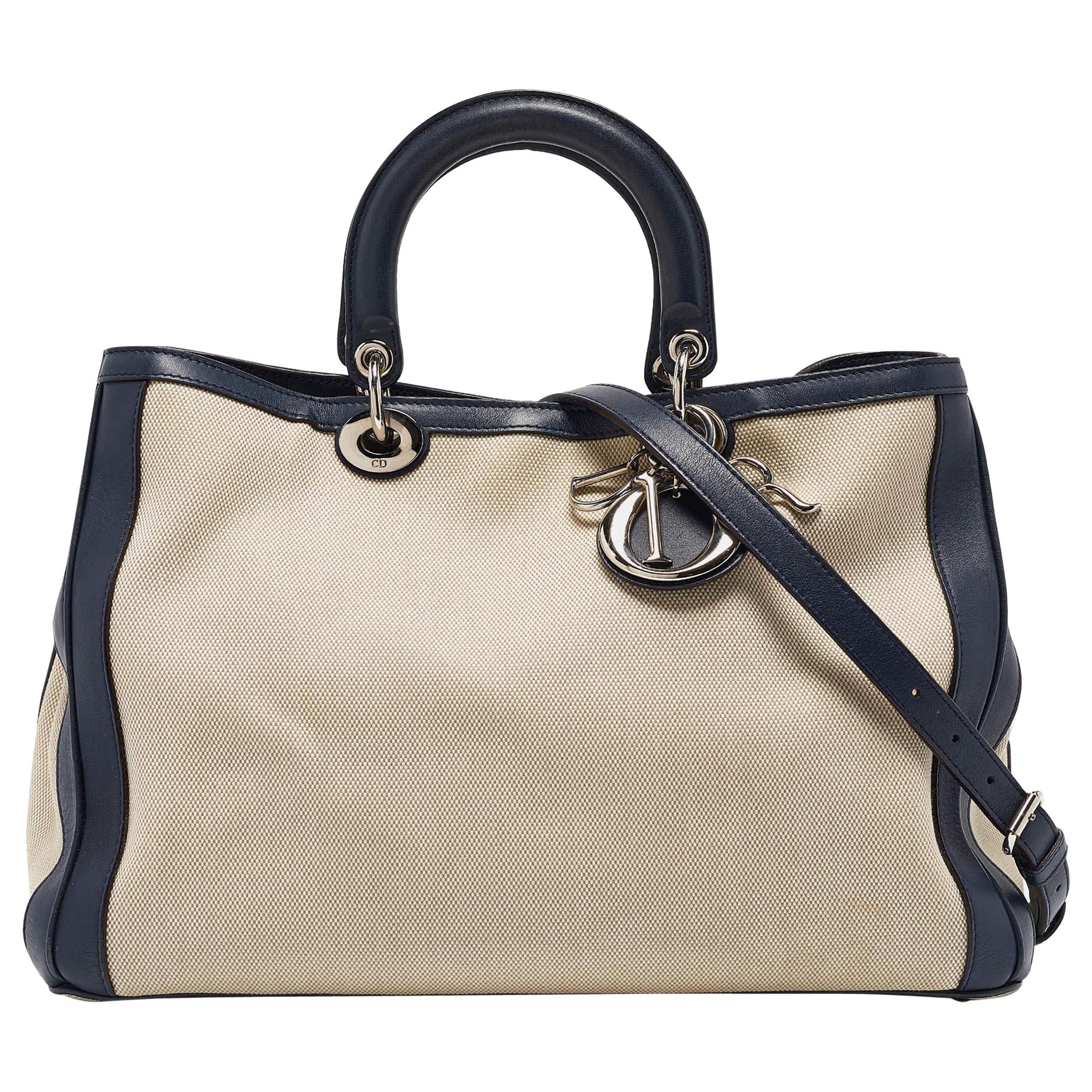 Dior Navy Blue/natural Canvas and Leather Large Diorissimo Shopper Tote For Sale