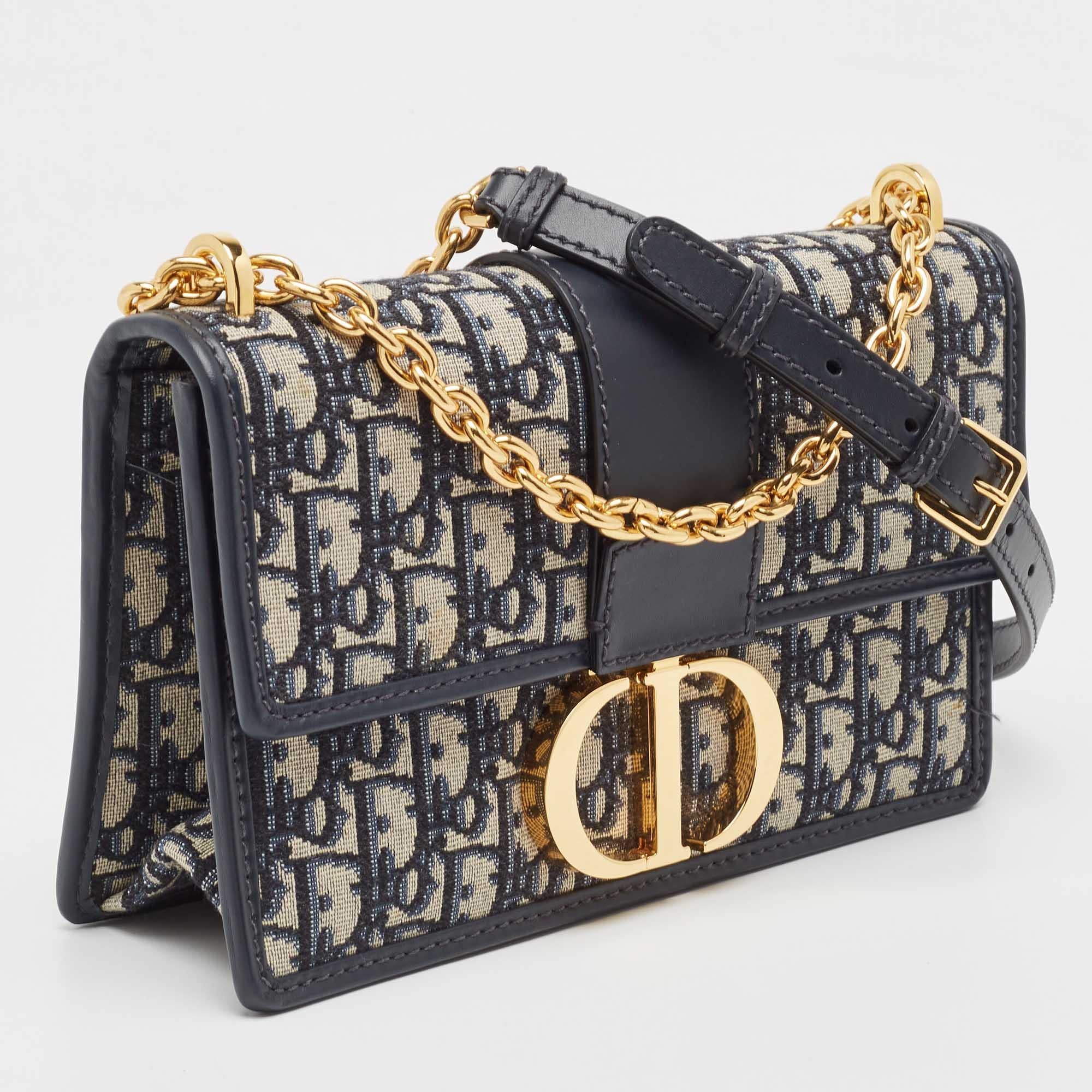 Black Dior Navy Blue Oblique Canvas and Leather 30 Montaigne Bag