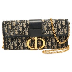 Dior Navy Blue Oblique Canvas and Leather 30 Montaigne Chain Clutch