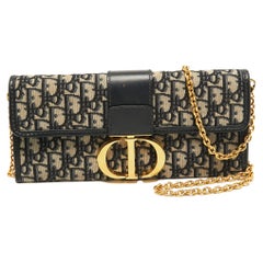 Dior Pochette obliqua in tela e pelle 30 Montaigne blu navy con catena