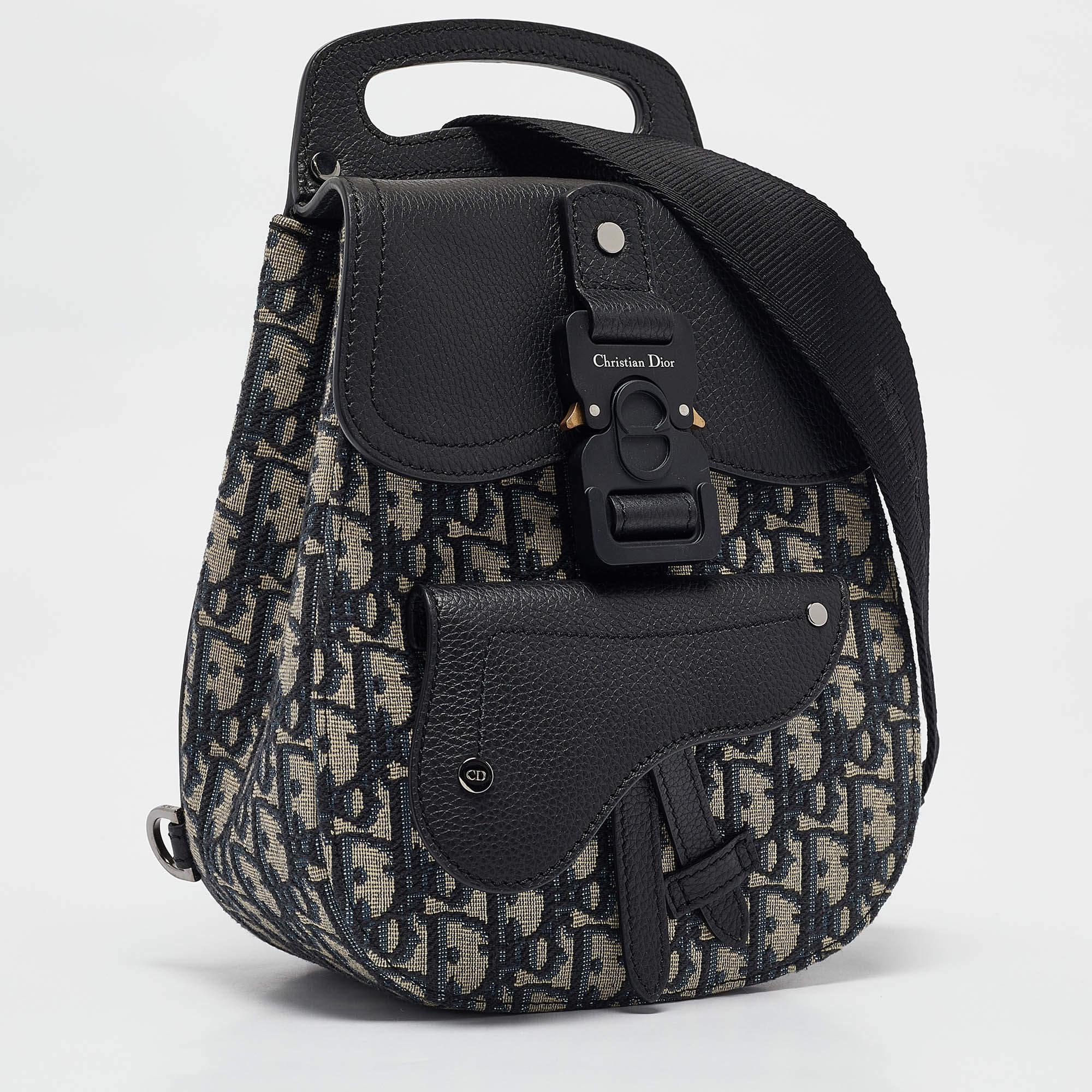 Black Dior Navy Blue Oblique Canvas and Leather Mini Saddle Backpack