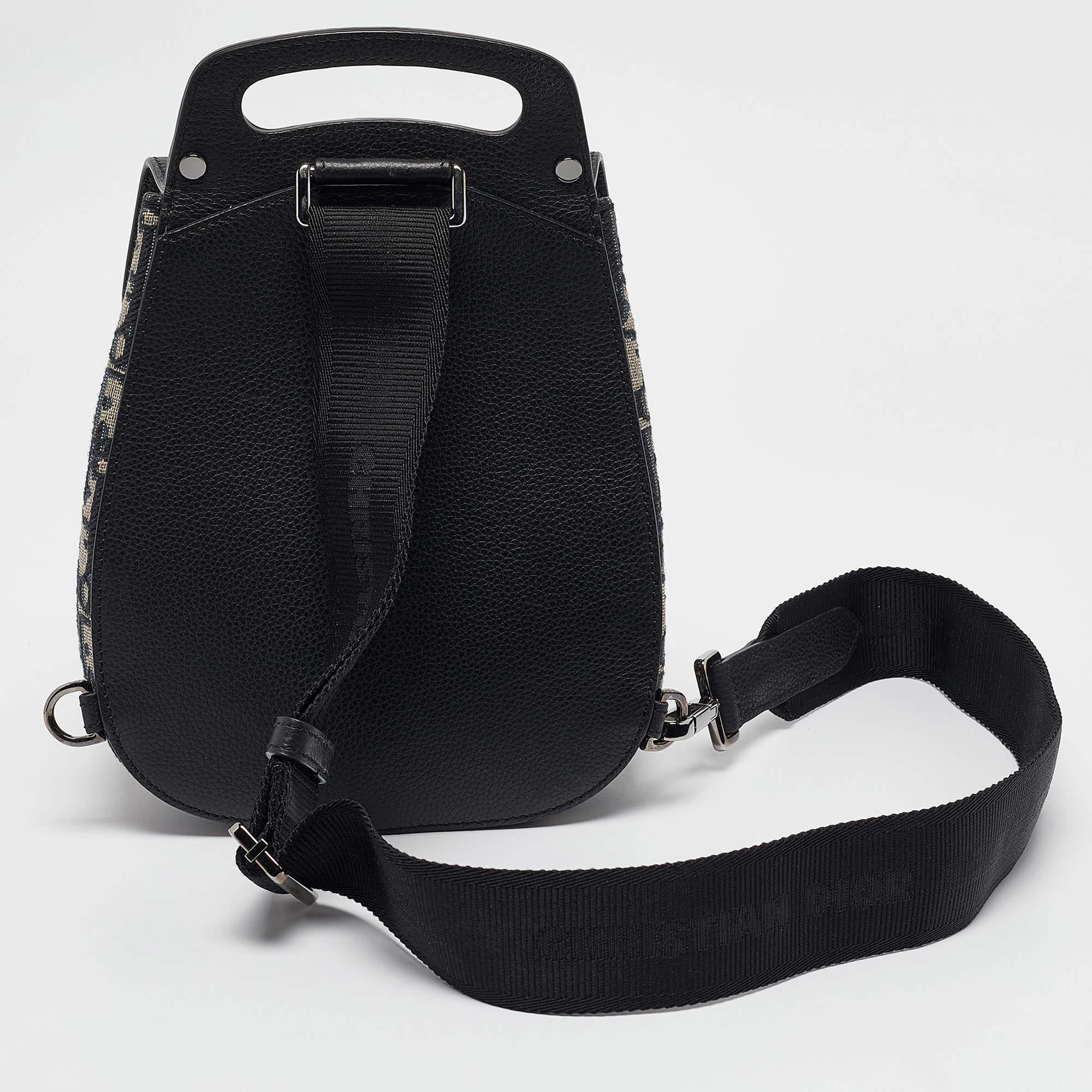Dior Navy Blue Oblique Canvas and Leather Mini Saddle Backpack In Excellent Condition In Dubai, Al Qouz 2