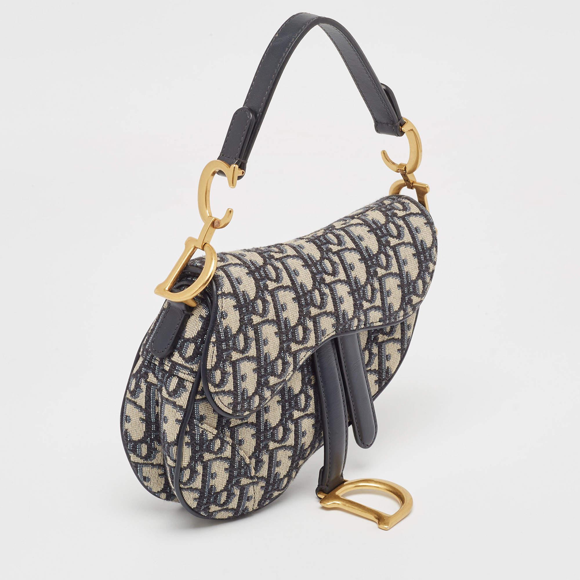Gray Dior Navy Blue Oblique Canvas and Leather Mini Saddle Bag