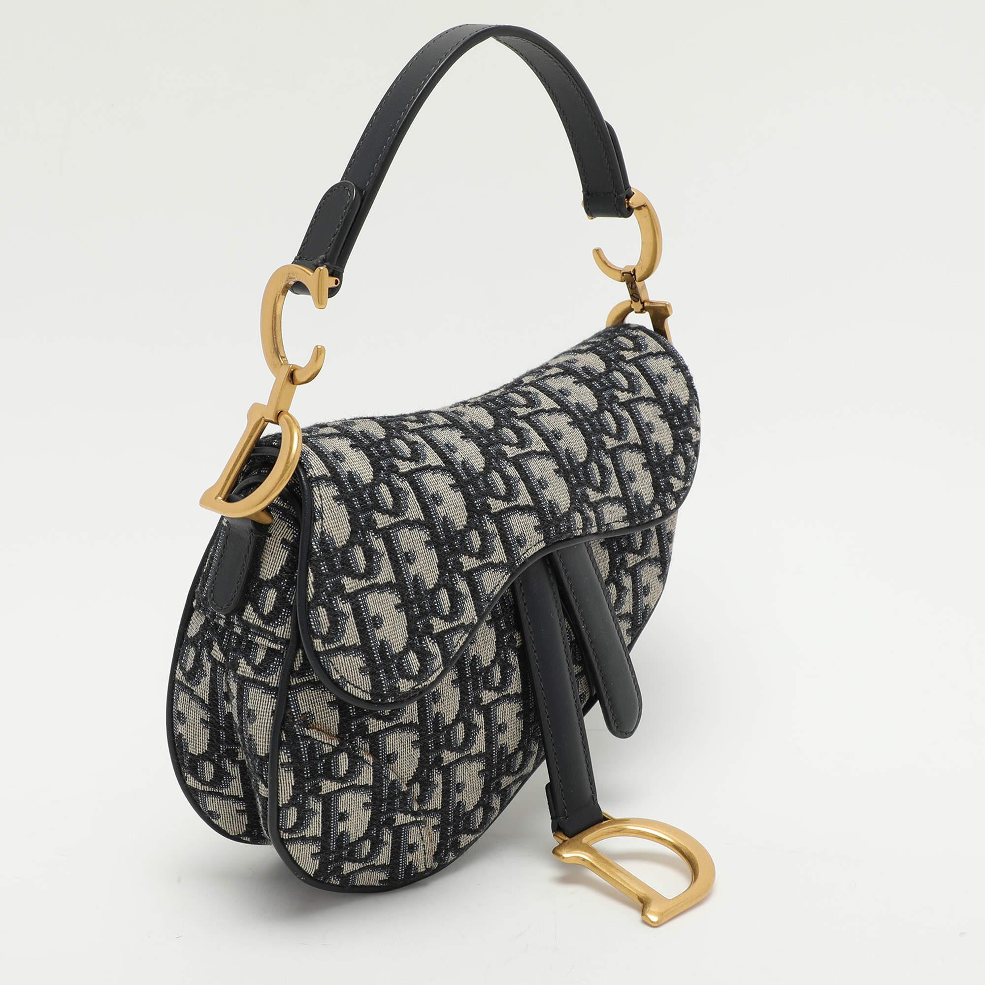 Black Dior Navy Blue Oblique Canvas and Leather Mini Saddle Bag