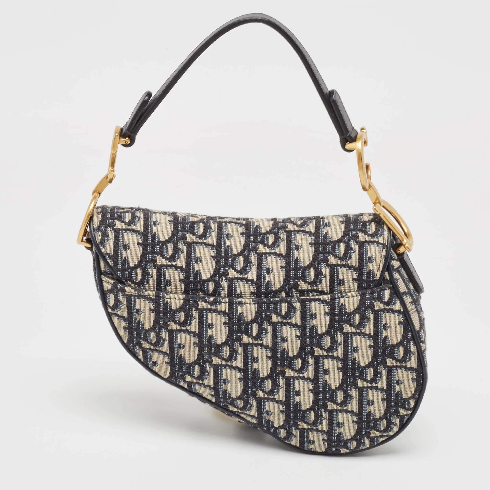Dior Navy Blue Oblique Canvas and Leather Mini Saddle Bag In Excellent Condition In Dubai, Al Qouz 2