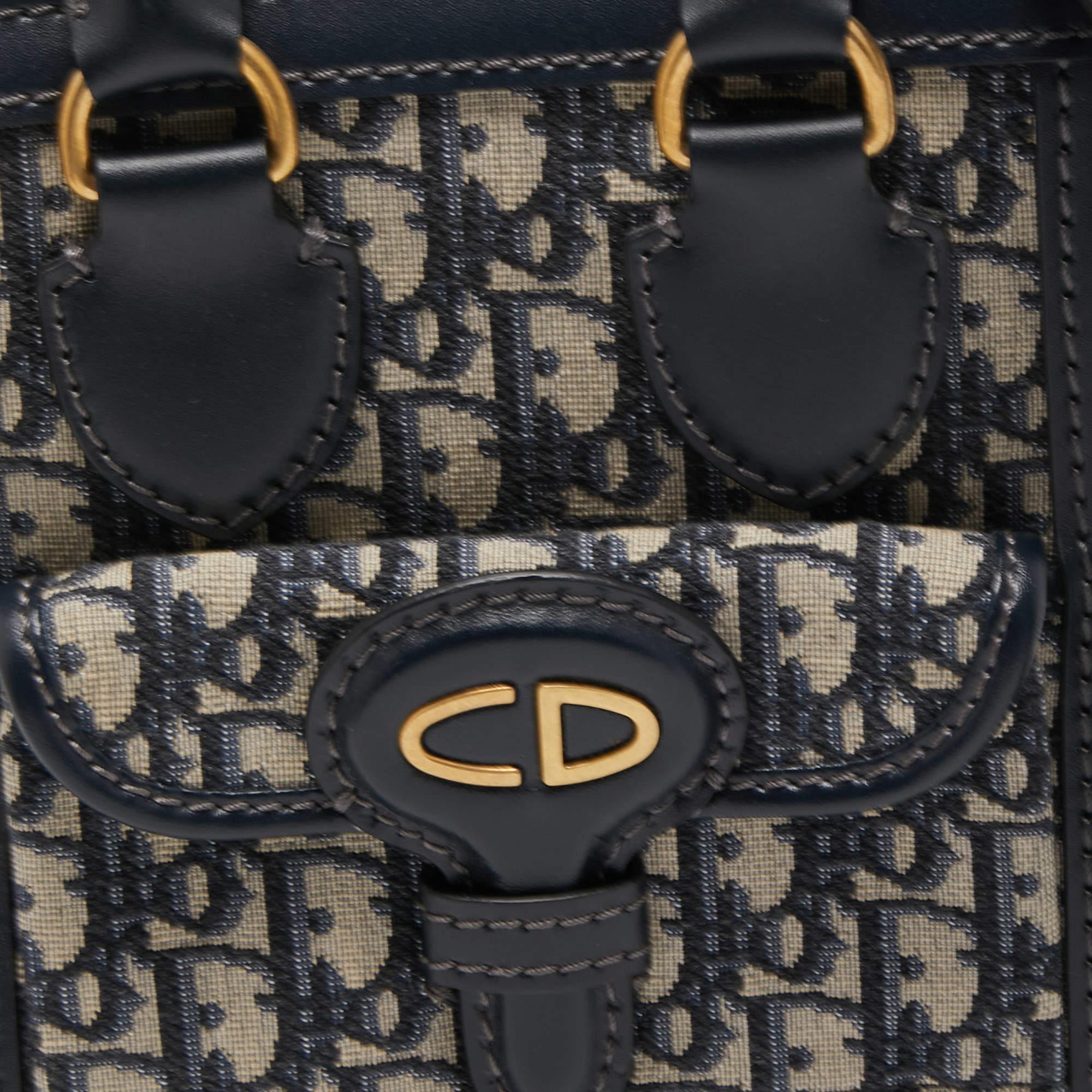 Dior Navy Blue Oblique Canvas and Leather Mini Tote 4