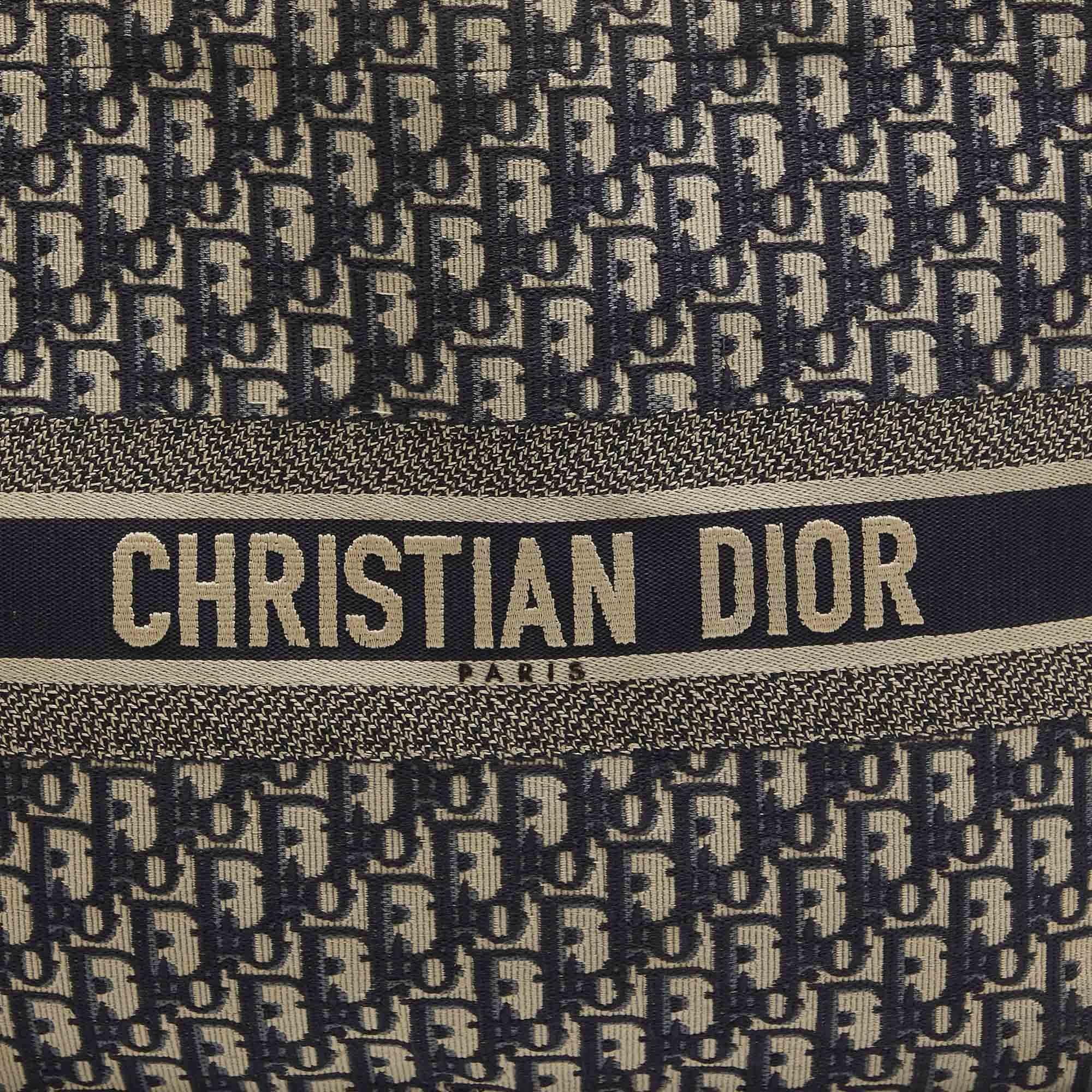 Dior Navy Blue Oblique Embroidered Canvas Large Book Tote For Sale 6