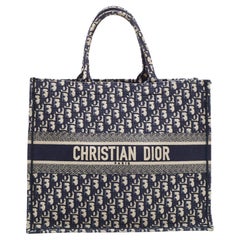 Dior Navy Blue Oblique Embroidered Canvas Large Book Tote