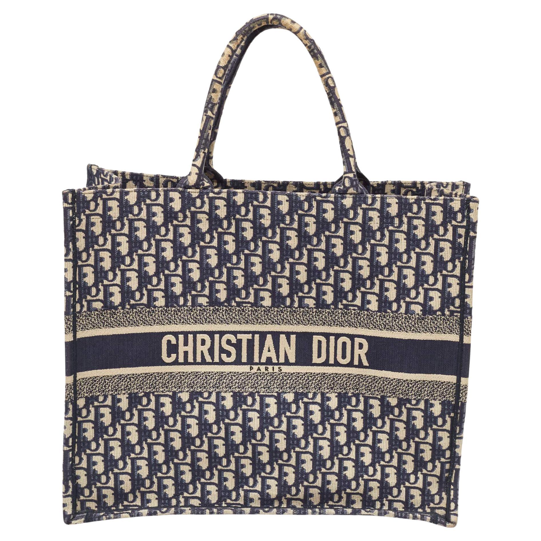 Dior Navy Blue Oblique Embroidered Canvas Large Book Tote For Sale