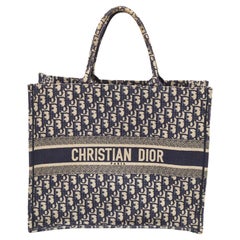 Used Dior Navy Blue Oblique Embroidered Canvas Large Book Tote