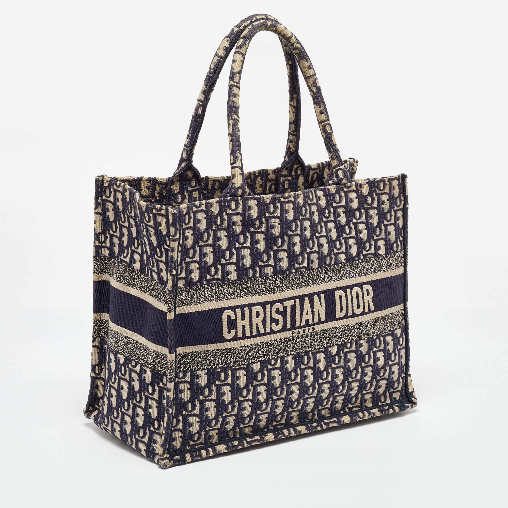 Black Dior Navy Blue Oblique Embroidered Canvas Medium Book Tote